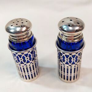 Salt and Pepper Shaker Set Art Deco Silver and Cobalt Blue Glass vintage